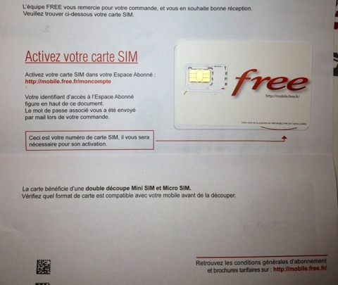 Carte Sim Free mobile reçue